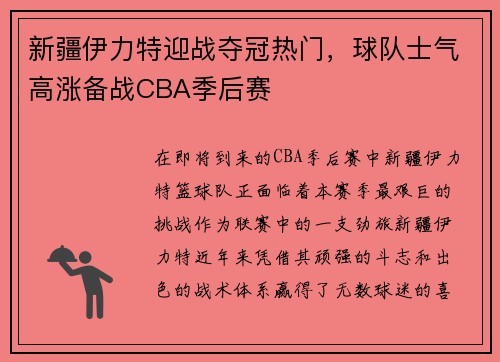 新疆伊力特迎战夺冠热门，球队士气高涨备战CBA季后赛